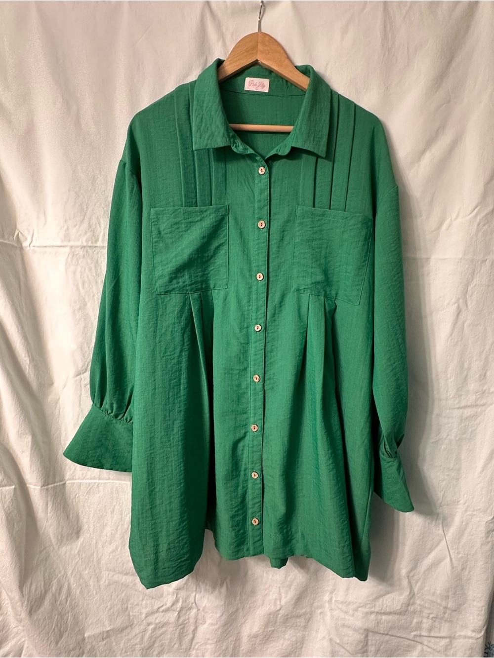 Pink Lily Emerald Green Button-Front Pleated Tunic Shirt